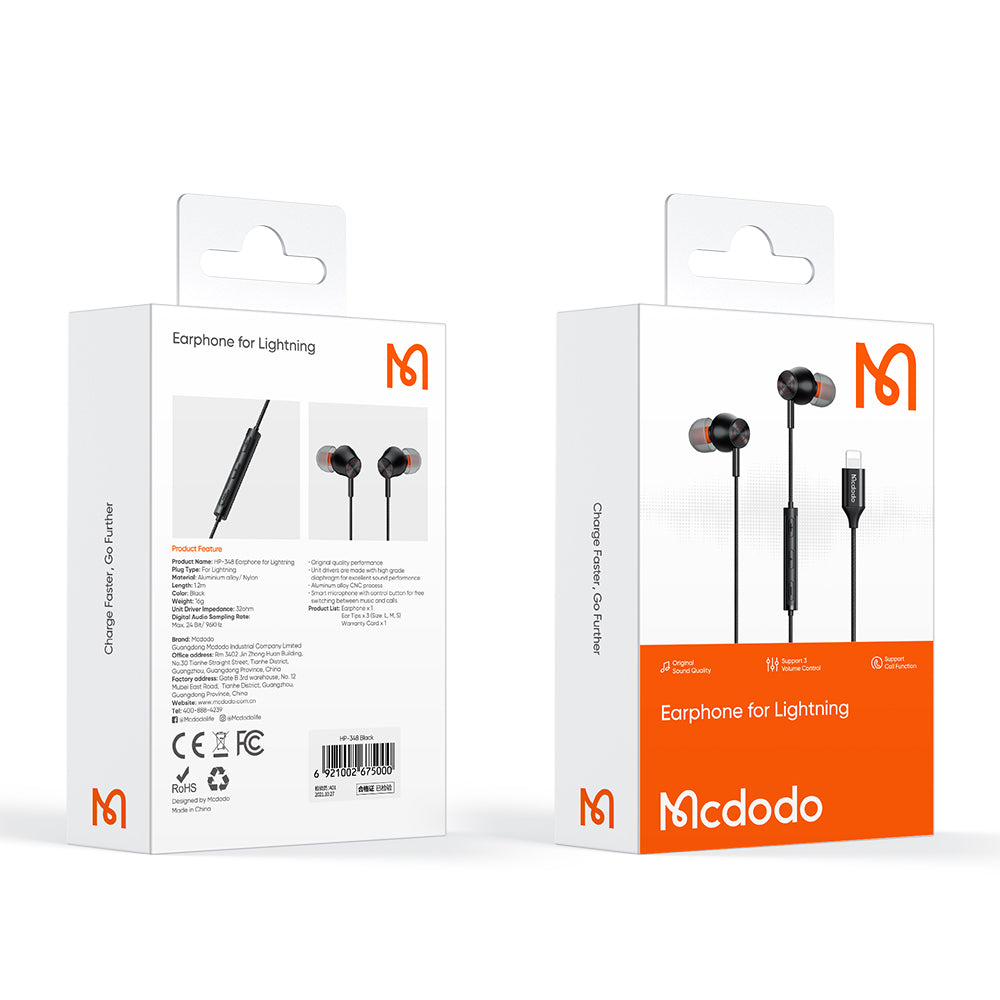 MCDODO HP-3480 MDD HiFi Stereo Sound Wired Earphone Lightning Headphone with Microphone Volume Control - Black MCDODO HP-3480 MDD HiFi Stereo Sound Wired Earphone Lightning Headphone with Microphone Volume Control - Black